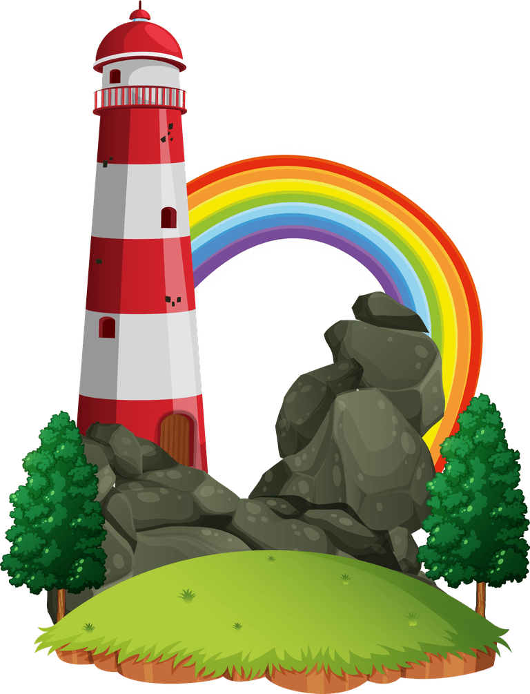 oasis set island nature featuring a vibrant lighthouse and rainbow on a picturesque terrain