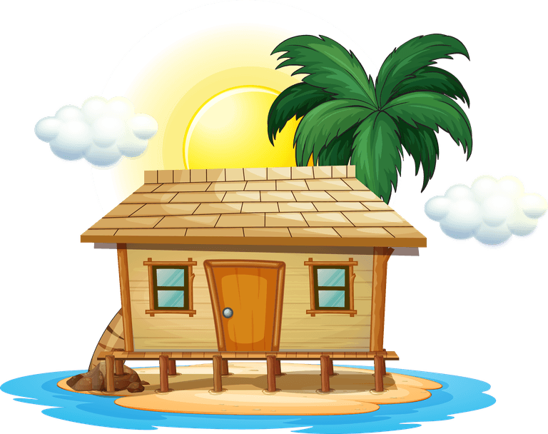 oasis set island nature with a cozy wooden house and tropical palm trees