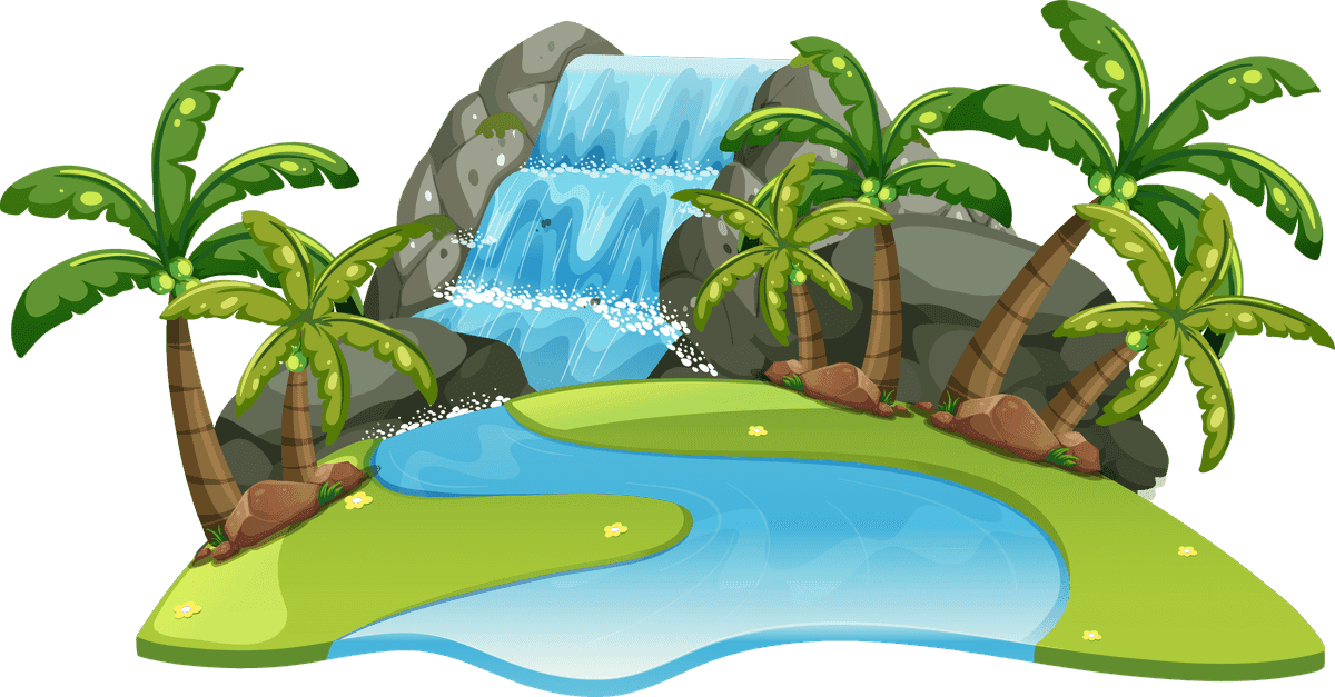 oasis set island nature with waterfall and tropical palm trees for serene landscapes