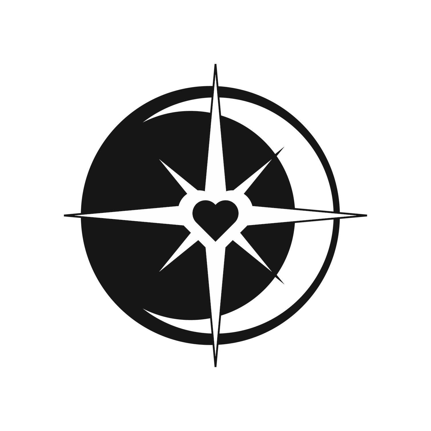 stark black and white compass star element with heart center and crescent moon backdrop for symbolic layouts