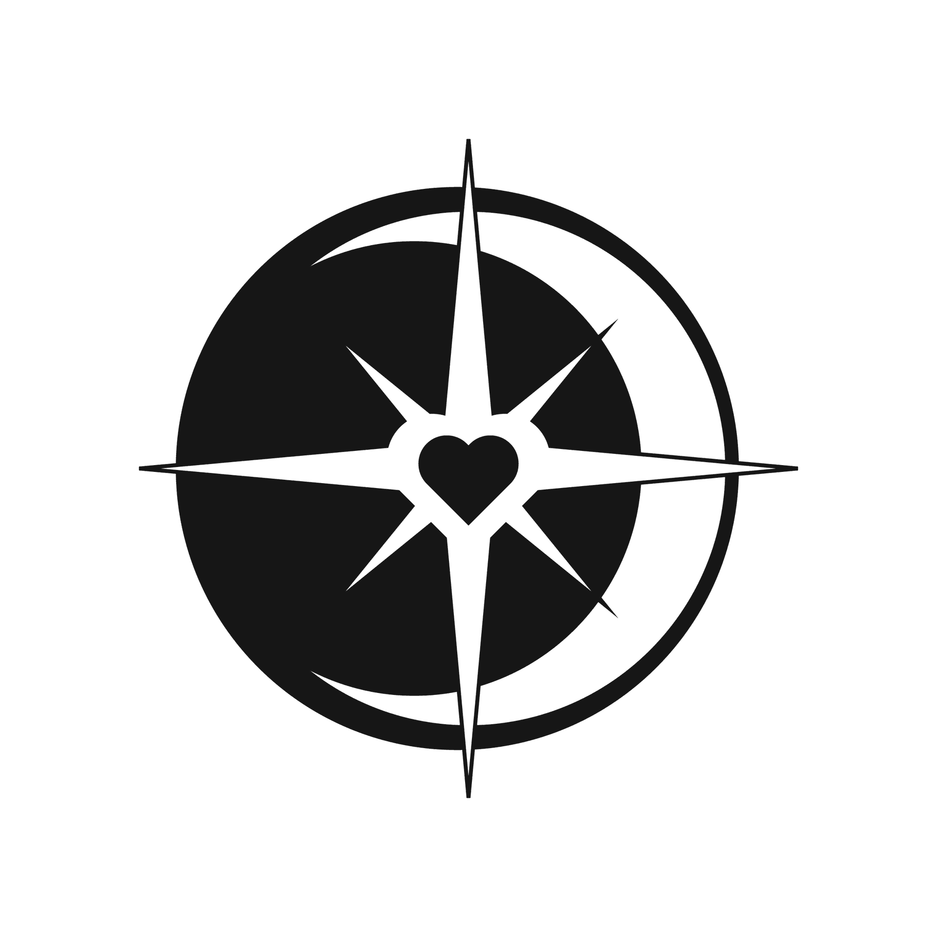 stark black and white compass star element with heart center and crescent moon backdrop for symbolic layouts