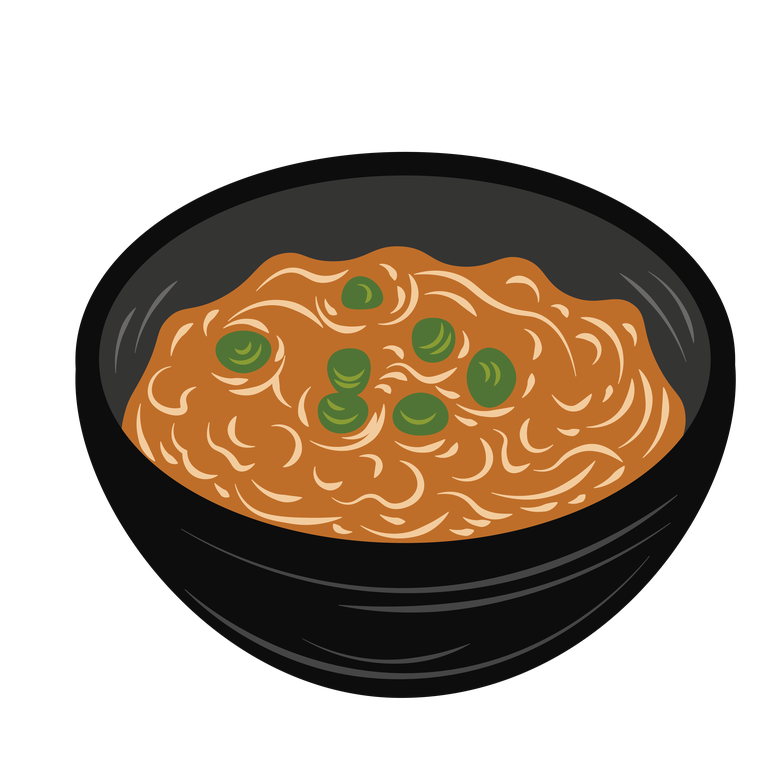 various colorful cute object illustration of delicious noodles in a bowl with green peas