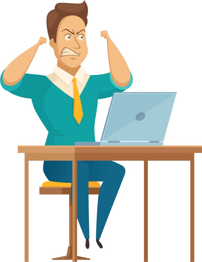 office worker male poses expressing frustration while working at a computer desk