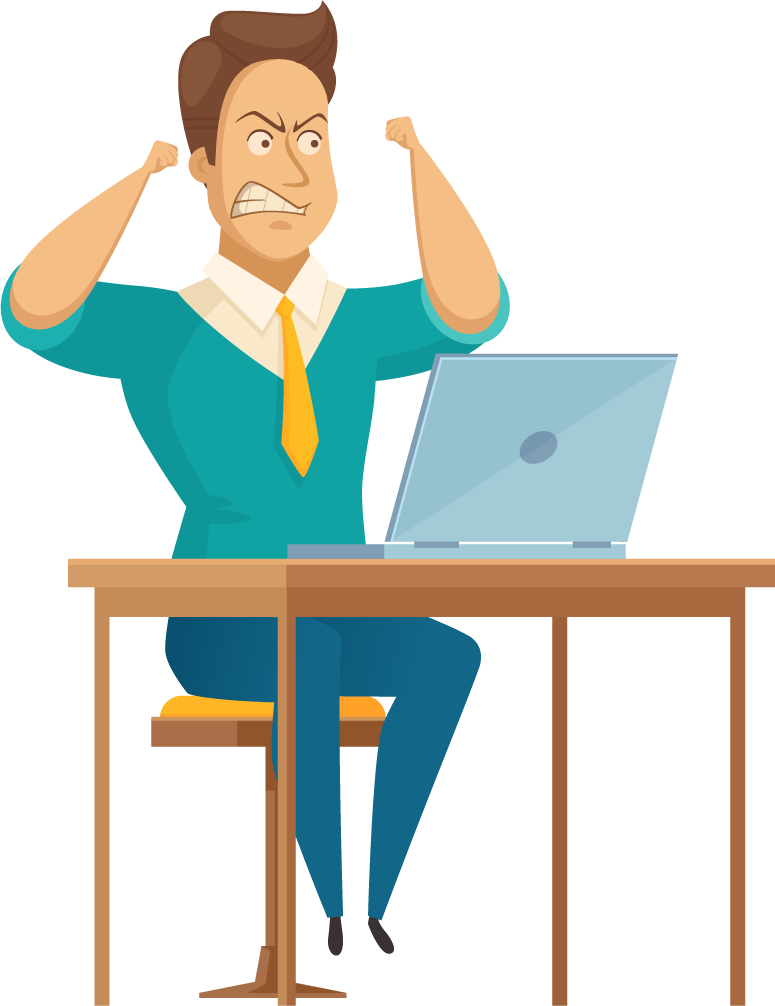 office worker male poses expressing frustration while working at a computer desk