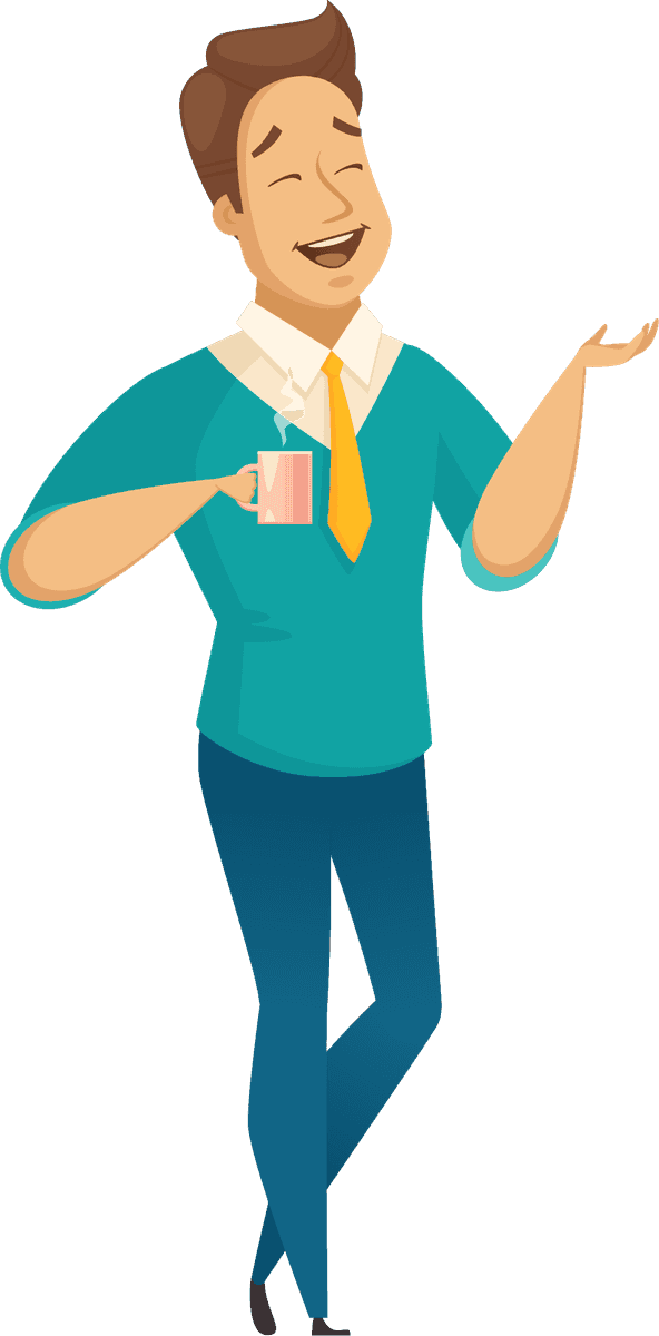 office worker male poses with coffee cup and friendly expression for office settings