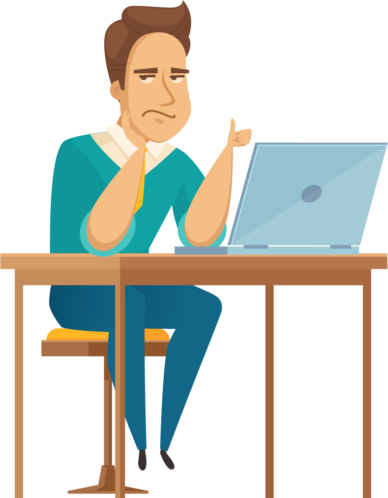 office worker male poses showing frustration and contemplation while working on a laptop