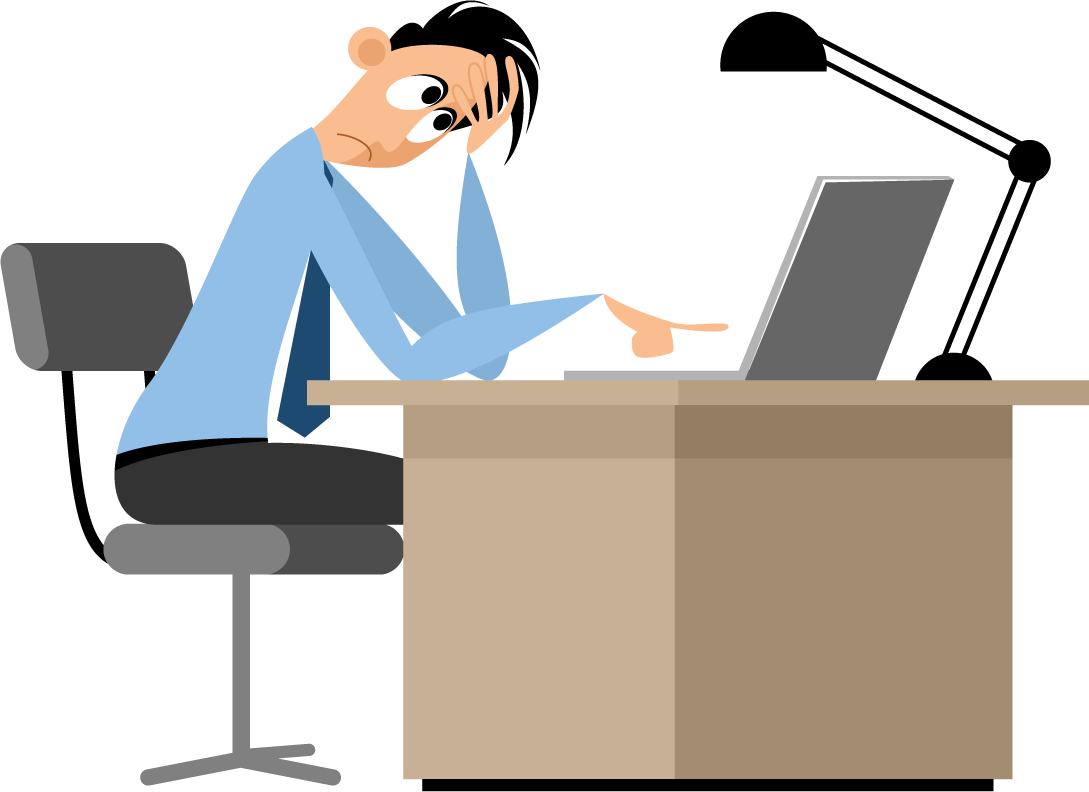 office workers cartoon design depicting stressed employee at computer desk