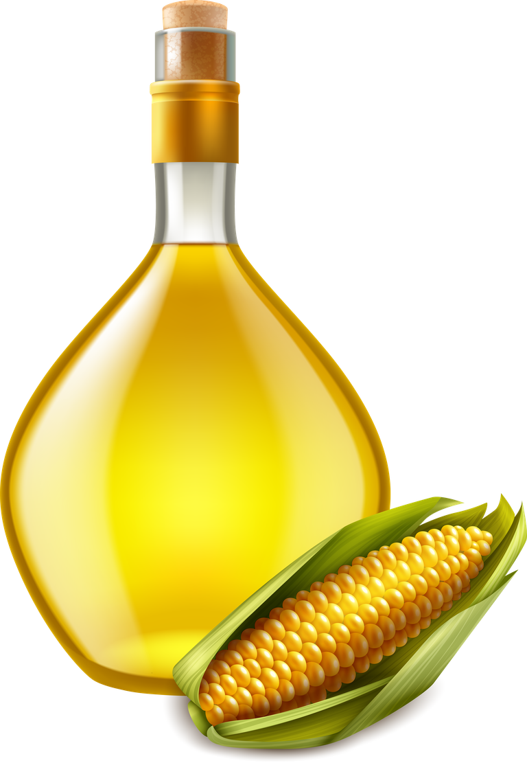 realistic oil product set featuring corn oil bottle and fresh corn ingredient