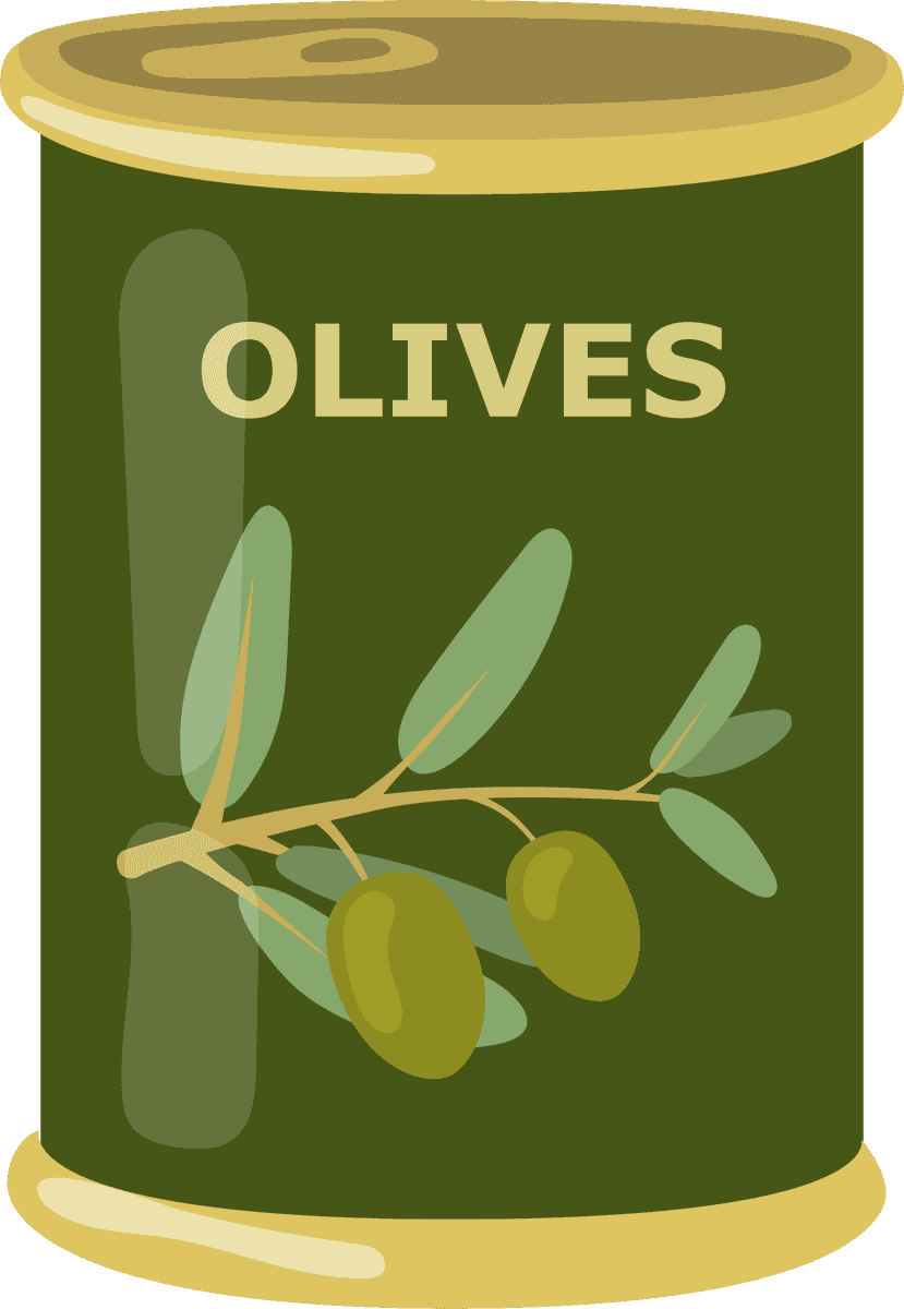 olive and olive product illustration showcasing a can with an olive branch for culinary use