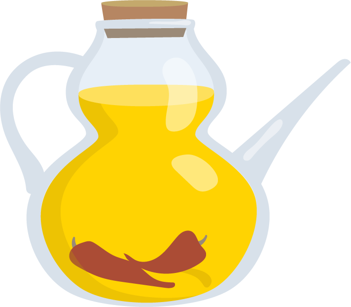 olive and olive product illustration featuring an oil jar with chili infusion for culinary uses
