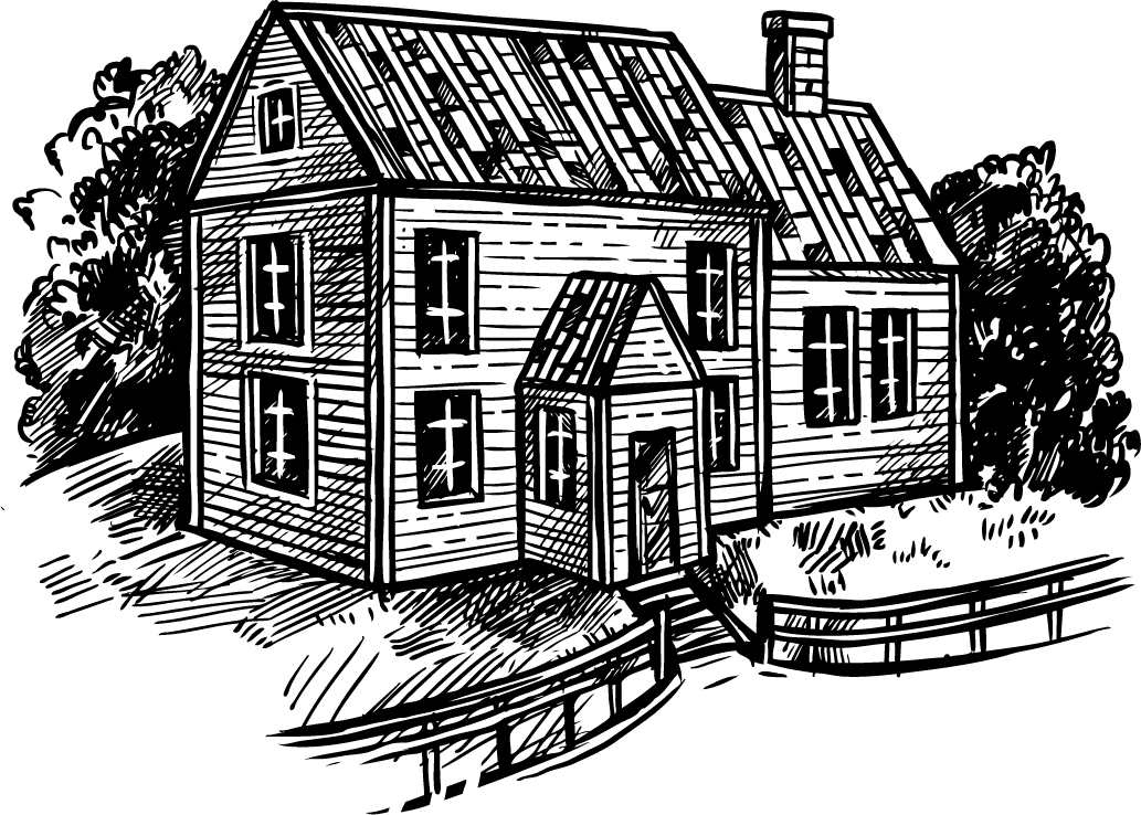organic farm doodle sketch illustration of a rustic farmhouse and lush greenery