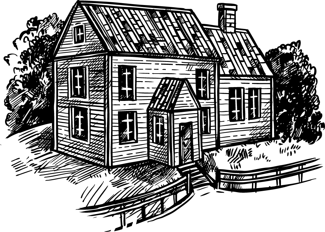 organic farm doodle sketch illustration of a rustic farmhouse and lush greenery