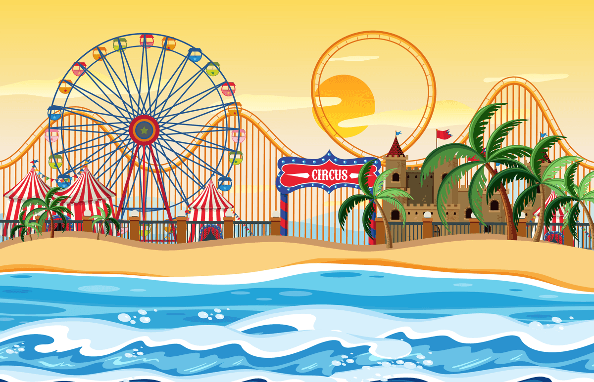 outdoor scene including beach illustration with amusement park and vibrant palm trees