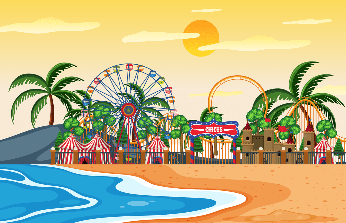 outdoor scene including beach illustration with amusement park and sunset background