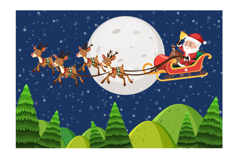 outdoor scene including beach illustration with santa, reindeer, and a glowing moon