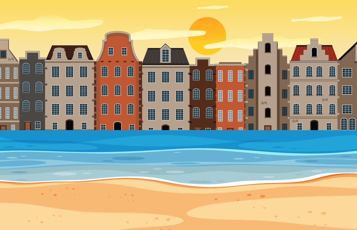 outdoor scene including beach illustration with colorful houses and sunset view