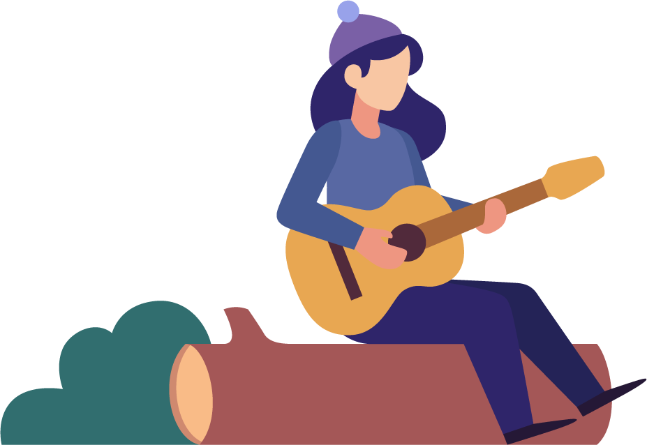 pack people camping flat illustration with musician playing guitar by the campfire