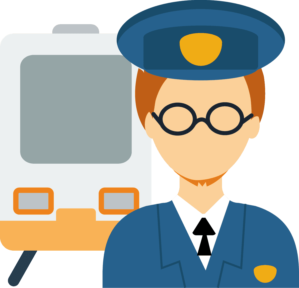 passenger transportation icon flat depicting train conductor with uniform and train background