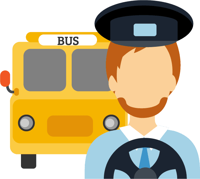 passenger transportation icon flat featuring a bus driver and yellow bus for travel applications