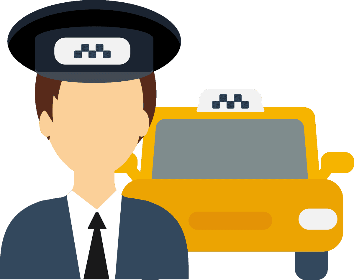 passenger transportation icon flat for taxis featuring a friendly driver and yellow cab