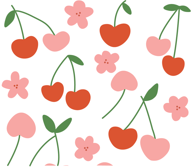 cherry blossom delight seamless pattern featuring playful blooms and fruits for cheerful decor