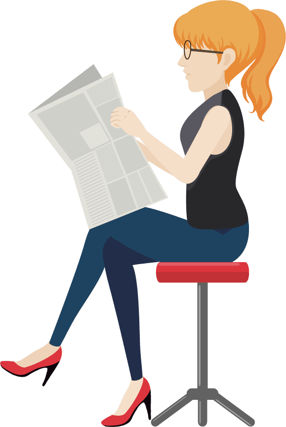 people and activities illustration of a woman reading a newspaper in a casual setting