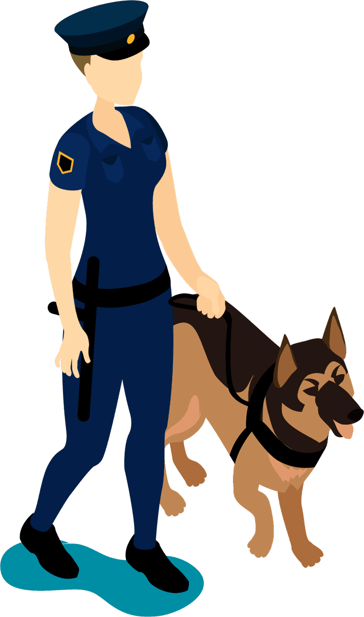 people crowd isometric collection showcasing police officer with loyal canine companion in action