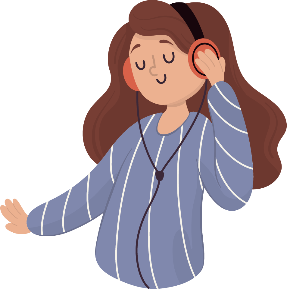 people listening music illustrated in a cheerful and modern style for relaxation and enjoyment