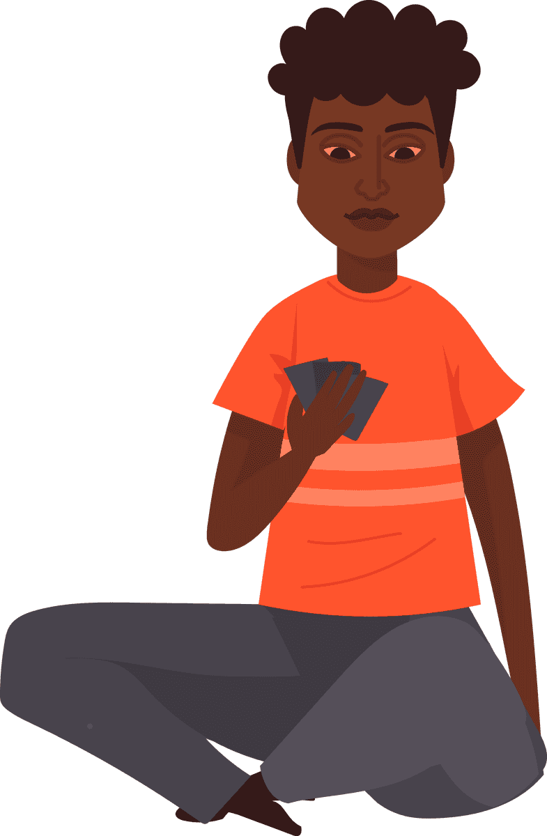 playing and relaxing people illustration featuring a young individual enjoying a card game indoors