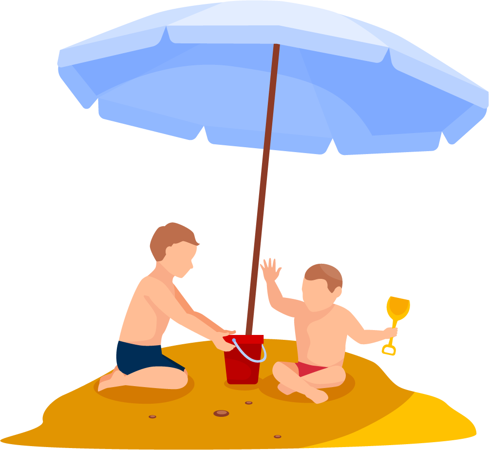 people with umbrellas collection for summer fun at the beach with kids playing