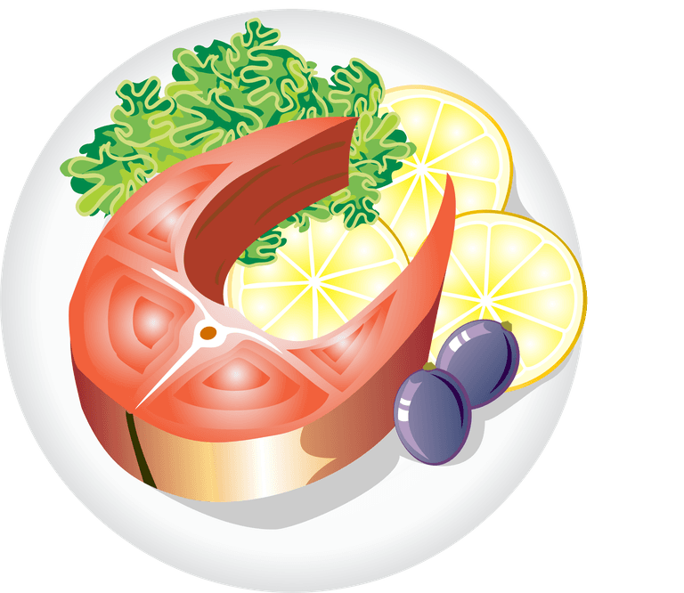 delicious piece of fish seafood vector with lemon and greens on a plate