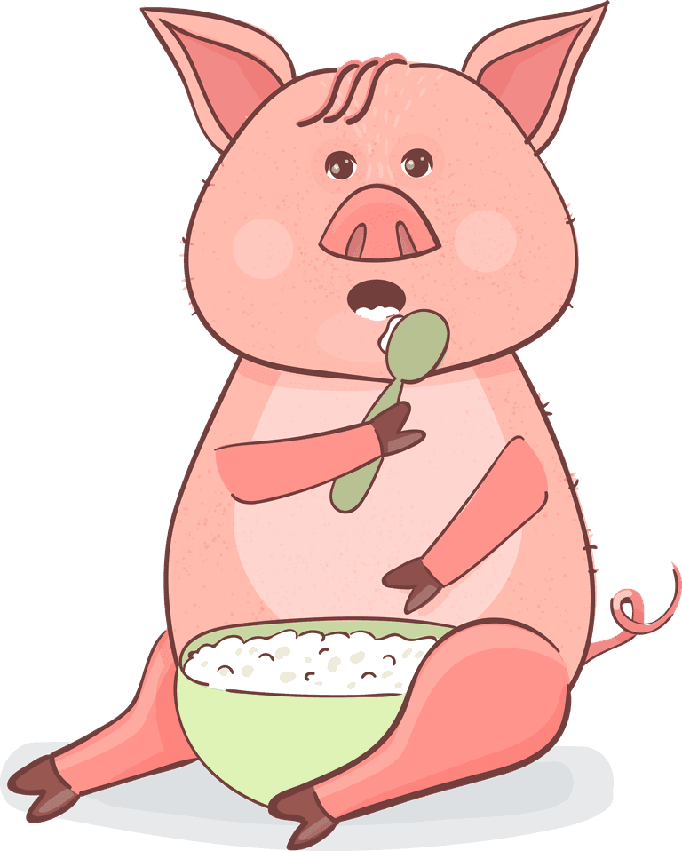 pig funny pig cute vector enjoying a big bowl of food with a happy expression