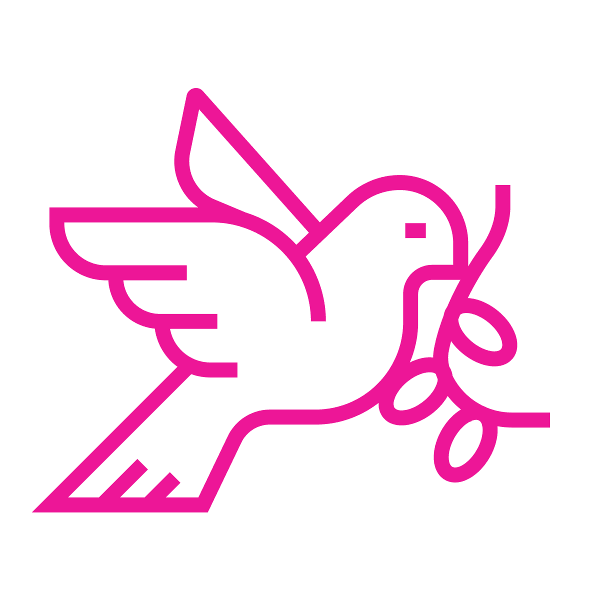 flat line art icon of a dove carrying an olive branch, symbol of peace