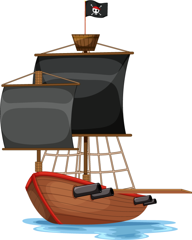 pirate cartoon characters and objects with a classic ship and playful details