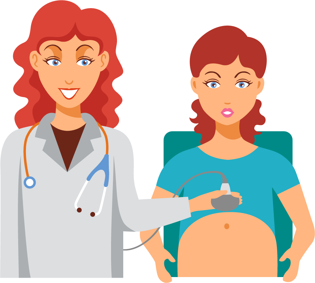 pregnant mother parents icons set featuring a doctor and an expectant mother consultation scene