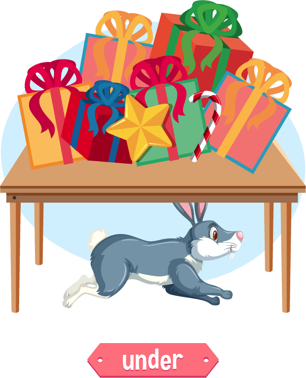 preposition wordcard with rabbit and present box