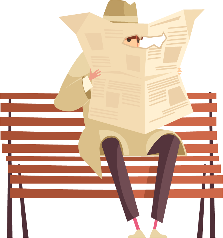 private detective cartoon icons collection featuring a spy reading a newspaper in a park