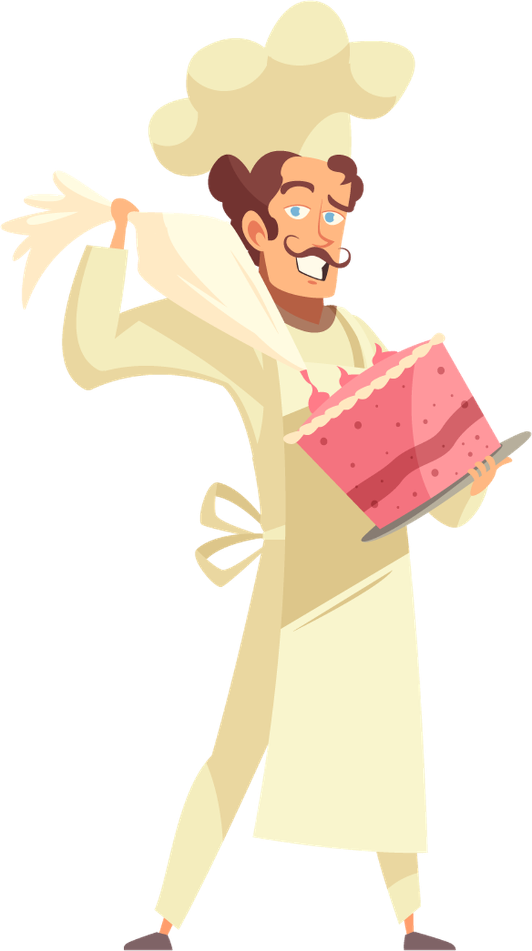master chef professional cooking illustration with a joyful baker presenting a cake
