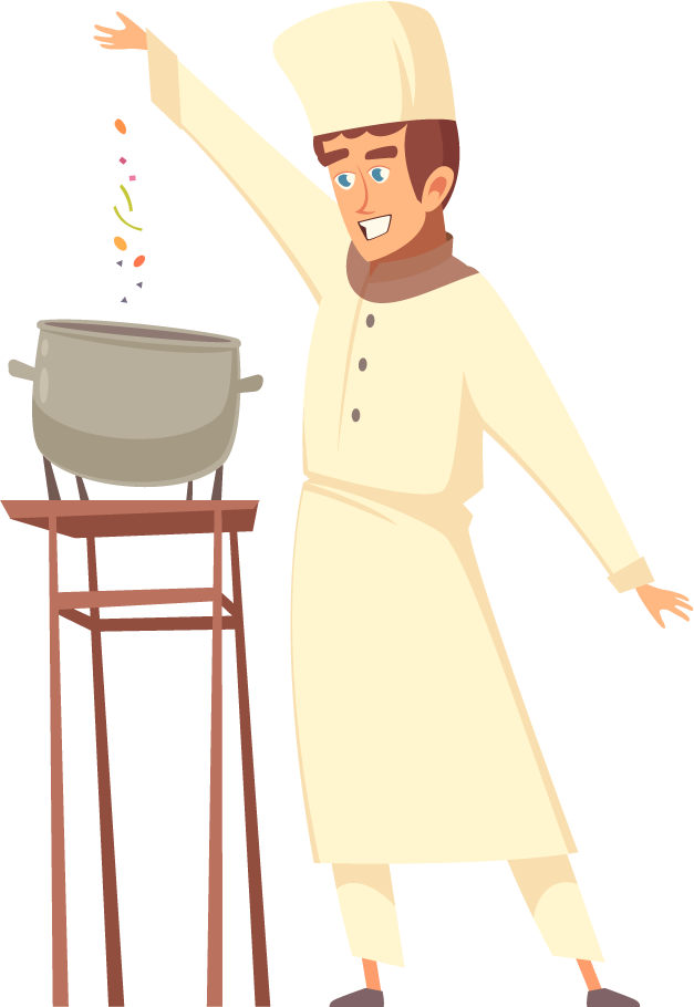 master chef professional cooking illustration with vibrant ingredients and cheerful chef