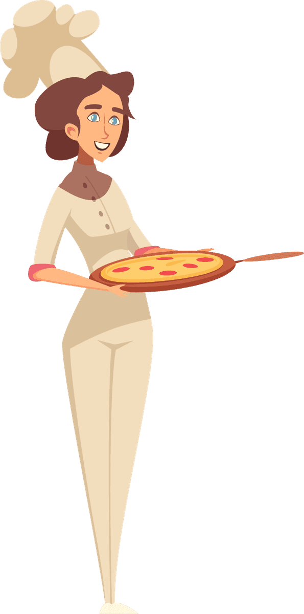 master chef professional cooking illustration serving a delicious pizza with cheerful expression