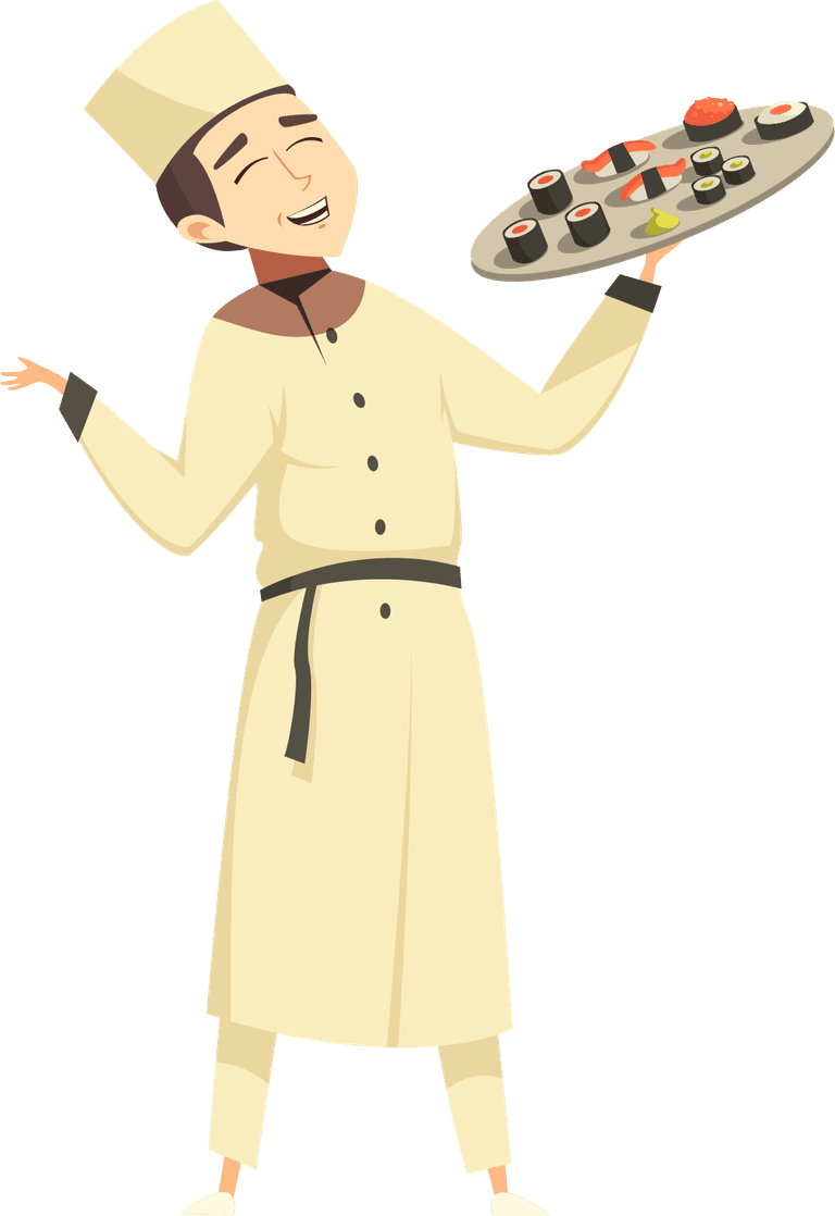 master chef professional cooking illustration showcasing a joyful chef serving sushi delicacies