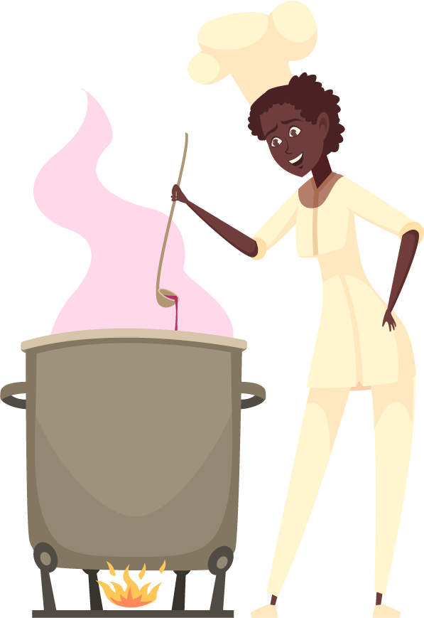 master chef professional cooking illustration with a cheerful chef and bubbling pot