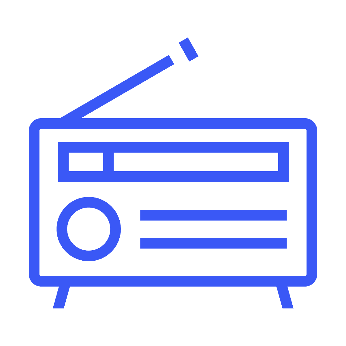 flat blue radio icon with antenna for broadcast and audio