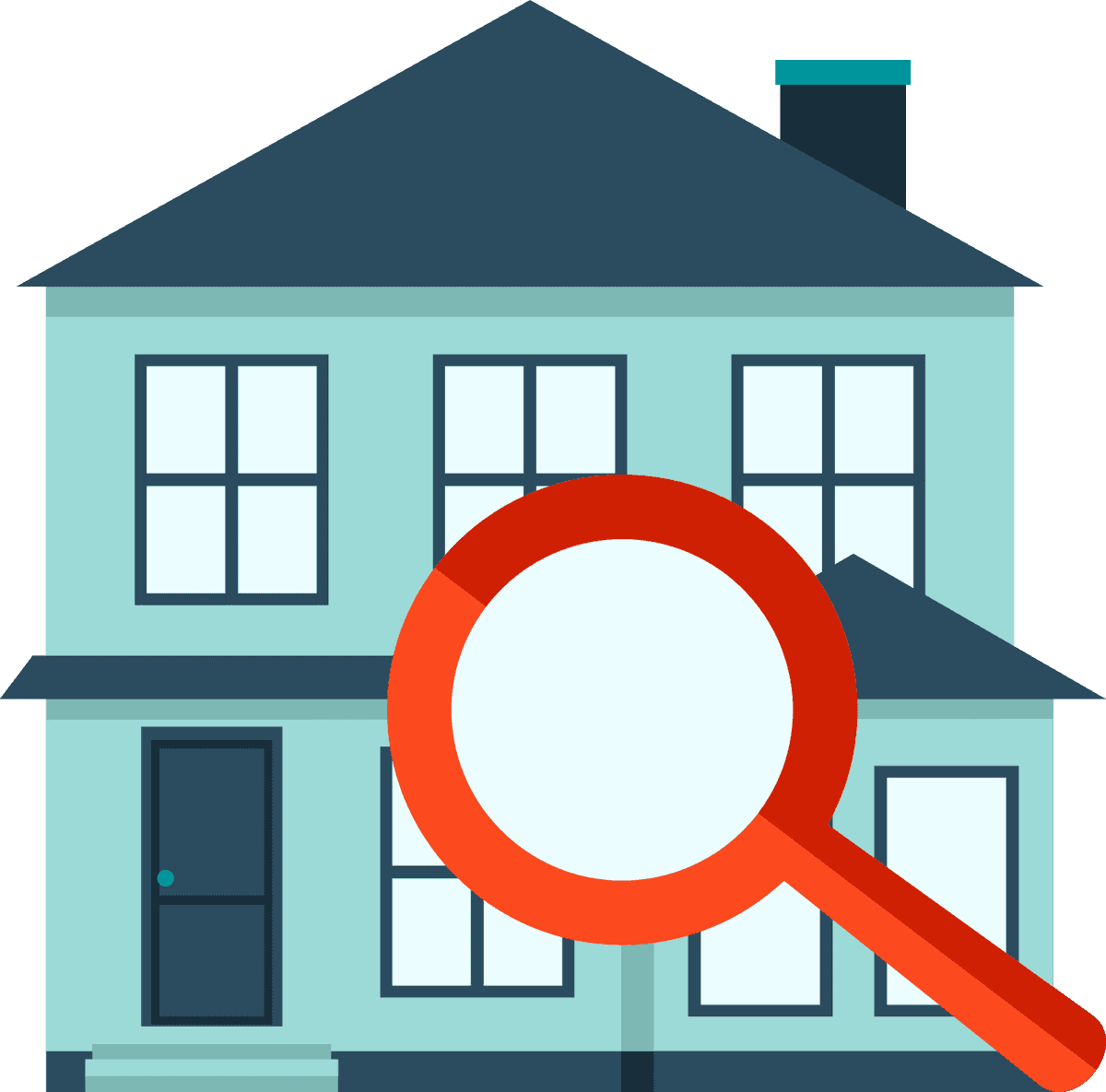 real estate icon flat featuring house with magnifying glass for property search