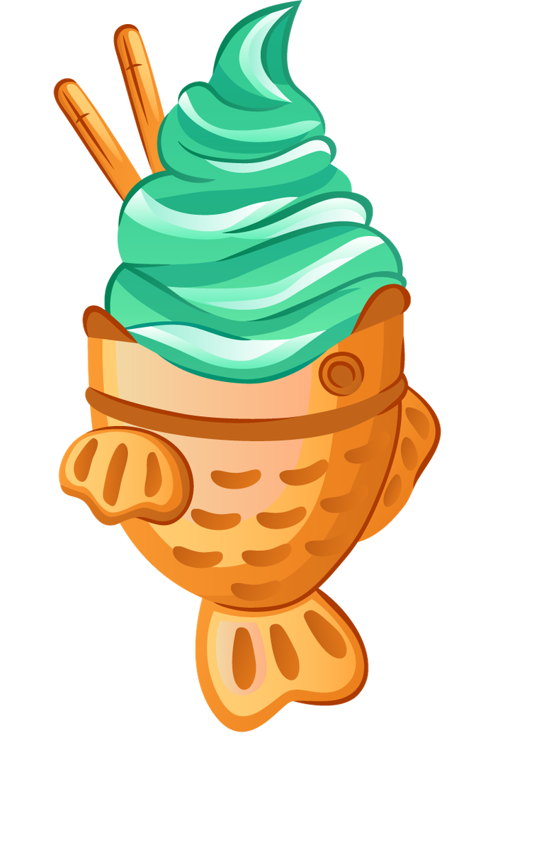 realistic colorful ice cream icon in a whimsical fish-shaped cone with crunchy toppings