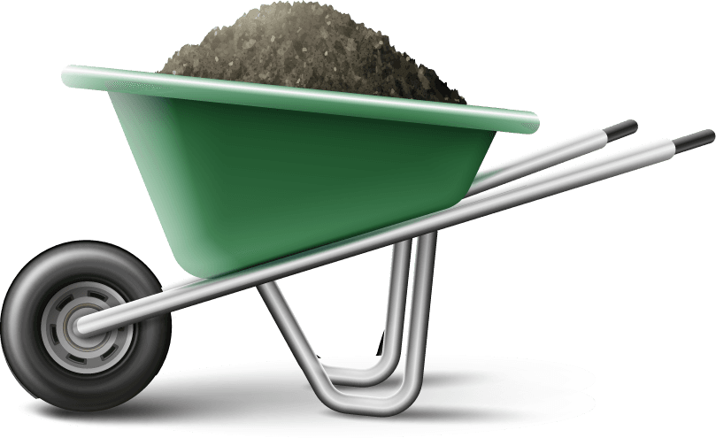 realistic garden element concept with faucet wheelbarrow earth shovel flying