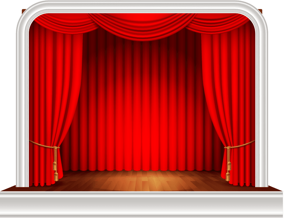 realistic stages set with four images empty space stage with red curtains lighting equipment