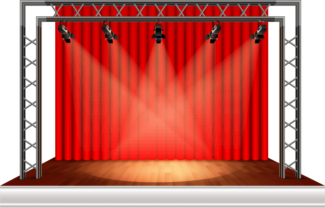 realistic stages set with four images empty space stage with red curtains lighting equipment