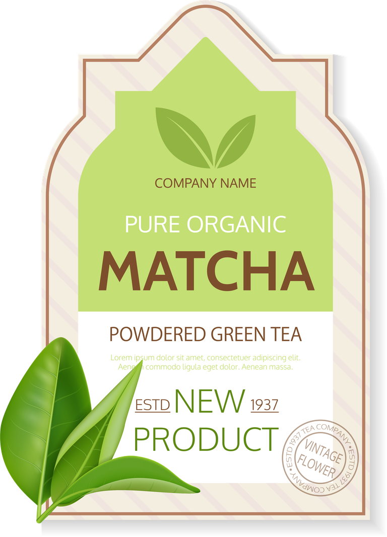 realistic tea leaves labels for matcha and powdered green tea packaging