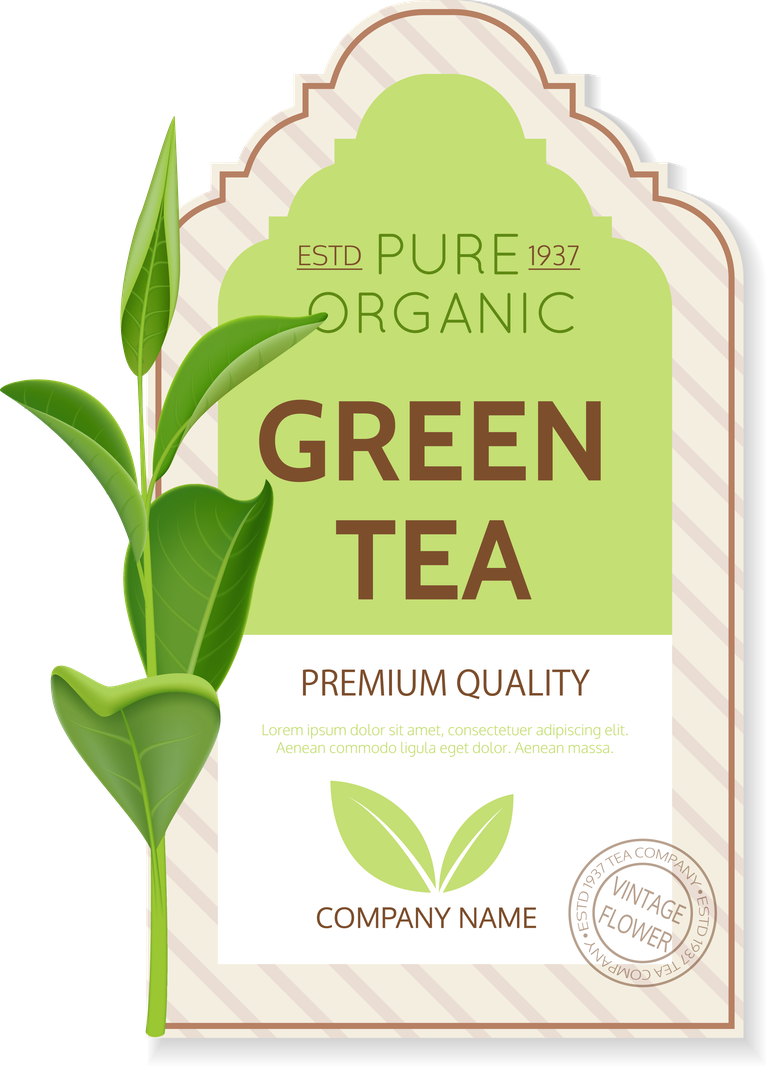 realistic tea leaves labels for organic green tea with premium quality appeal